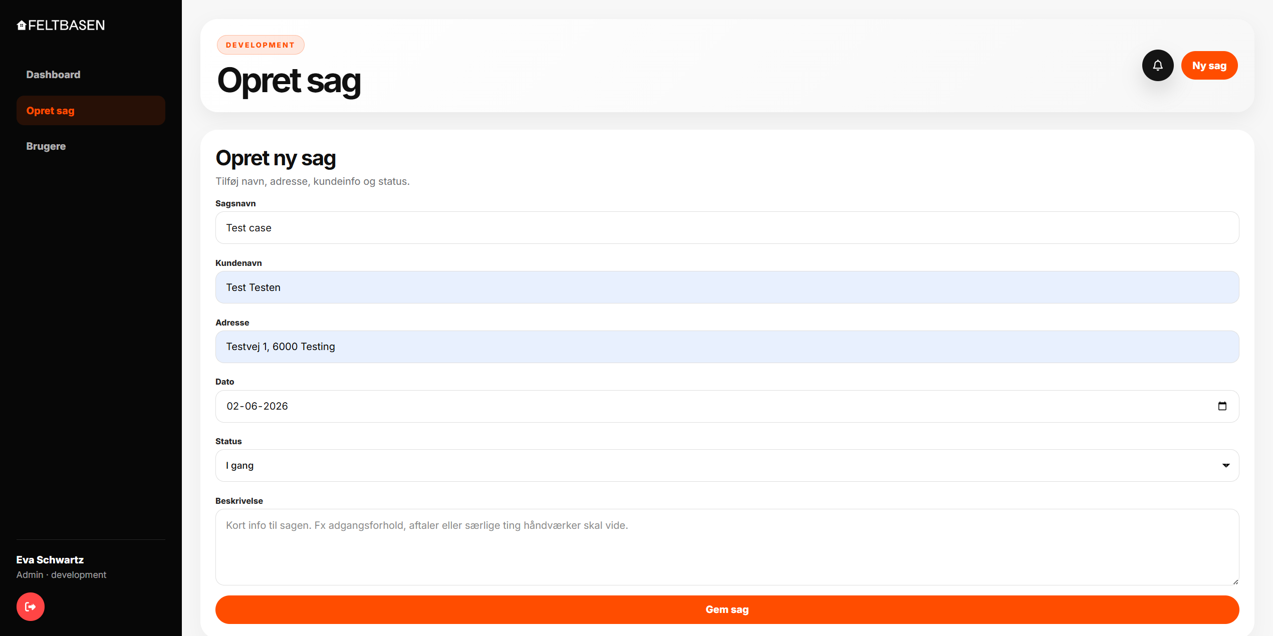 Feltbasen create case interface